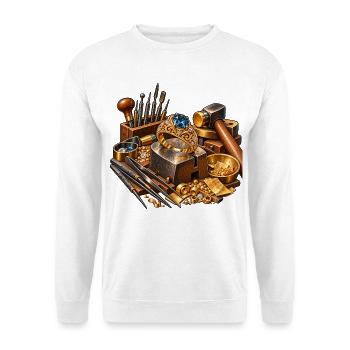 Goldschmied Werkbank – Schmuck Handwerkskunst - Unisex Pullover - Weiß - Vorne - Alina (178cm) & Michal (187cm)