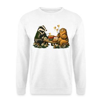 Dachs und Murmeltier beim Käsefondue - Unisex Pullover - Weiß - Vorne - Alina (178cm) & Michal (187cm)