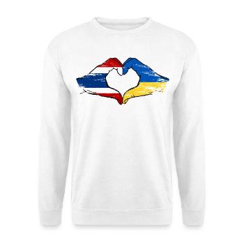 Thailand Ukraine Flagge Hände Herzform used - Unisex Pullover - Weiß - Vorne - Alina (178cm) & Michal (187cm)