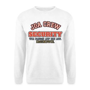 JGA Crew Security - wir passen auf ihn auf - Unisex Pullover - Weiß - Vorne - Alina (178cm) & Michal (187cm)