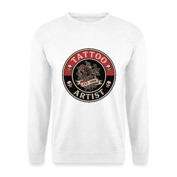 Vintage-Tattoo-Künstler Coil-Maschine Rosen-Banner-Top - Unisex Pullover - Weiß - Vorne - Alina (178cm) & Michal (187cm)
