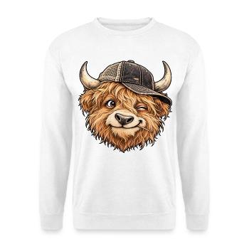 Lustiger Highland Cow Trucker Cap Farm Tier Humor - Unisex Pullover - Weiß - Vorne - Alina (178cm) & Michal (187cm)