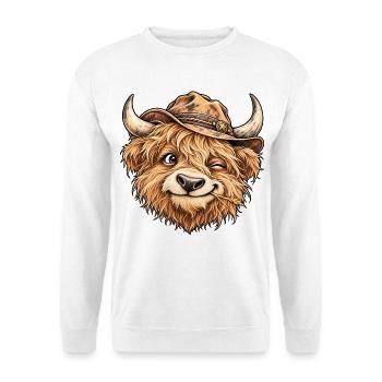 Lustiges Highland-Kuh-Cowboy-Western-Feldtier - Unisex Pullover - Weiß - Vorne - Alina (178cm) & Michal (187cm)