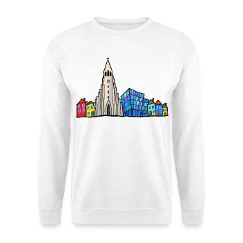 Reykjavik Skyline – Bunte Kinderzeichnung - Unisex Pullover - Weiß - Vorne - Alina (178cm) & Michal (187cm)