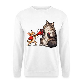 Chihuahua und Maine Coon beim Boxen - Unisex Pullover - Weiß - Vorne - Alina (178cm) & Michal (187cm)