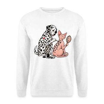 Dalmatiner und Sphynx-Katze beim Tätowieren - Unisex Pullover - Weiß - Vorne - Alina (178cm) & Michal (187cm)