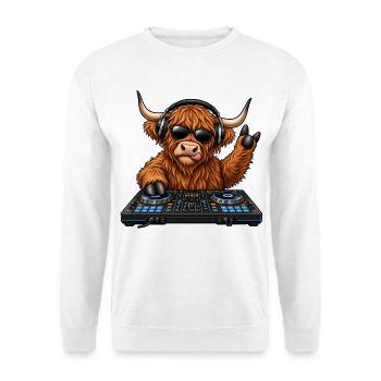 Highland Cattle als DJ – Schottischer Partyspaß - Unisex Pullover - Weiß - Vorne - Alina (178cm) & Michal (187cm)