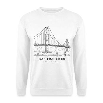 San Francisco — Golden Gate Bridge Line Kunst - Unisex Pullover - Weiß - Vorne - Alina (178cm) & Michal (187cm)