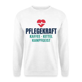 Pflegekraft – Kaffee, Kittel, Kampfgeist - Unisex Pullover - Weiß - Vorne - Alina (178cm) & Michal (187cm)