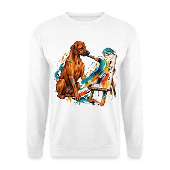 Rhodesian Ridgeback und Zwergpapagei malen - Unisex Pullover - Weiß - Vorne - Alina (178cm) & Michal (187cm)