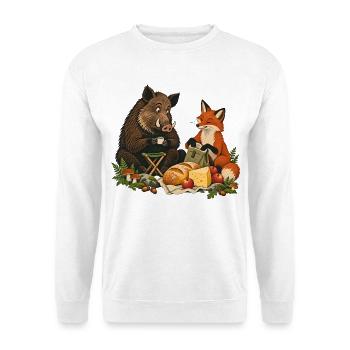 Wildschwein und Fuchs bei der Waldmahlzeit - Unisex Pullover - Weiß - Vorne - Alina (178cm) & Michal (187cm)