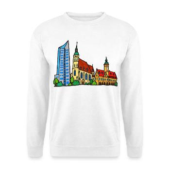 Bunte Leipziger Skyline im Kinderstil - Unisex Pullover - Weiß - Vorne - Alina (178cm) & Michal (187cm)
