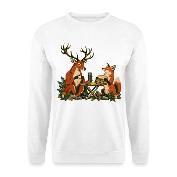 Rotwild und Fuchs beim Waldfrühstück - Unisex Pullover - Weiß - Vorne - Alina (178cm) & Michal (187cm)