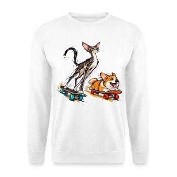 Katze und Corgi beim Skateboarding - Unisex Pullover - Weiß - Vorne - Alina (178cm) & Michal (187cm)