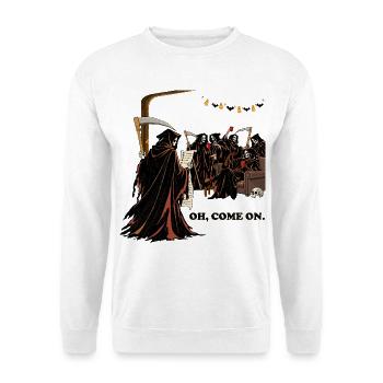Sensenmann auf einer Halloween-Party - Unisex Pullover - Weiß - Vorne - Alina (178cm) & Michal (187cm)