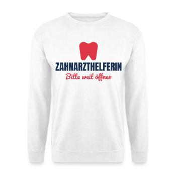 Zahnarzthelferin – Bitte weit öffnen - Unisex Pullover - Weiß - Vorne - Alina (178cm) & Michal (187cm)