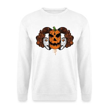 Halloween Pumpkin Girl | Gothic Horror Pop Art - Unisex Pullover - Weiß - Vorne - Alina (178cm) & Michal (187cm)