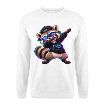 Waschbär mit Sonnenbrille – Cooler Dab Dance - Unisex Pullover - Weiß - Vorne - Alina (178cm) & Michal (187cm)