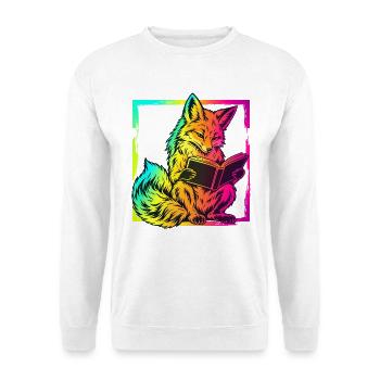 Lesender Fuchs – Neon Pop Art Bücherliebe - Unisex Pullover - Weiß - Vorne - Alina (178cm) & Michal (187cm)