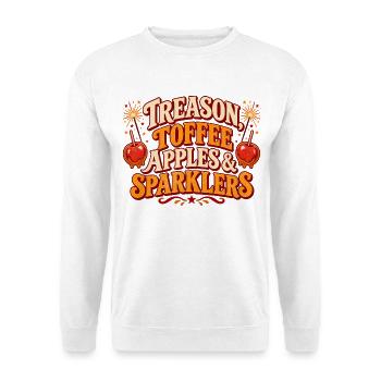 Verrat, Toffee, Äpfel und Wunderkerzen, Freudenfeuernacht - Unisex Pullover - Weiß - Vorne - Alina (178cm) & Michal (187cm)