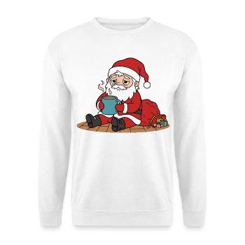 Niedlicher Kawaii-Weihnachtsmann sitzt und trinkt Kaffee - Unisex Pullover - Weiß - Vorne - Alina (178cm) & Michal (187cm)