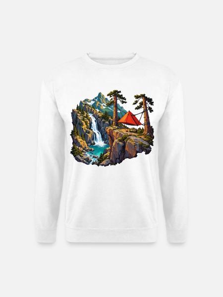 Felskessel-Camp mit Hängezelt und Wasserfall - Unisex Pullover - Weiß