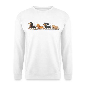Vier freche Dackel Dachshunde Liebhaber Hunde - Unisex Pullover - Weiß - Vorne - Alina (178cm) & Michal (187cm)