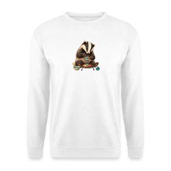 Dachs siebt Emaillepulver auf Kupfer - Unisex Pullover - Weiß - Vorne - Alina (178cm) & Michal (187cm)