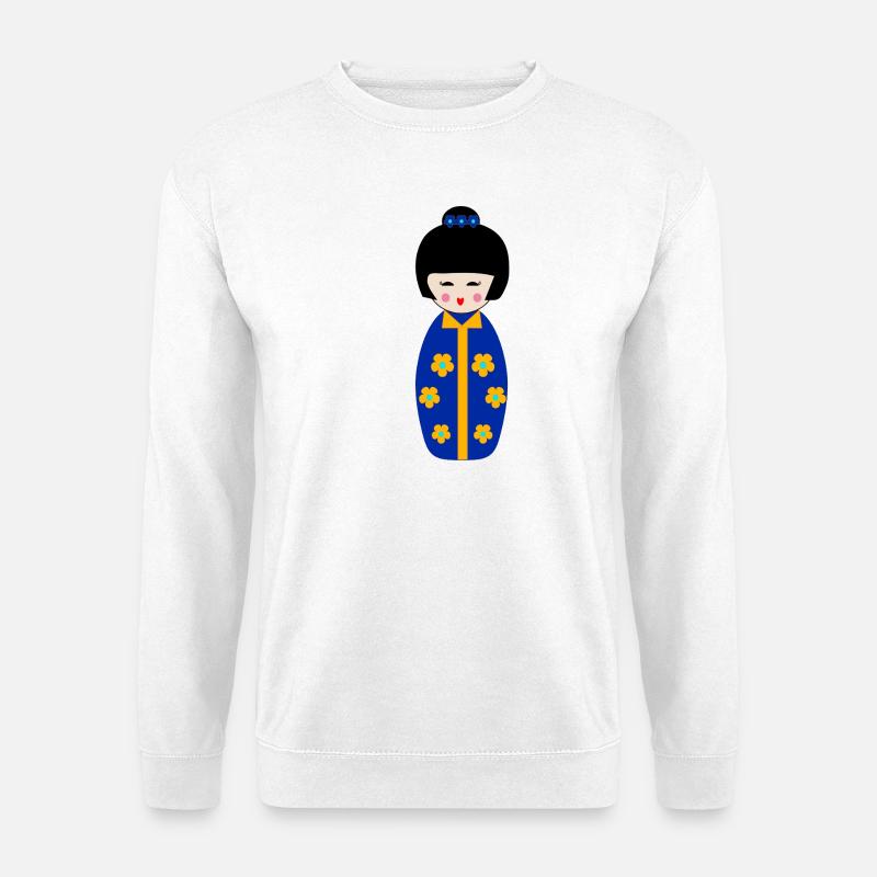 Blumige blaue japanische Kokeshi-Puppe - Unisex Pullover - Weiß