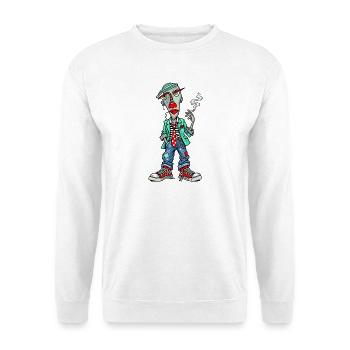 Surrealer Straßentyp im Anzug - Unisex Pullover - Weiß - Vorne - Alina (178cm) & Michal (187cm)