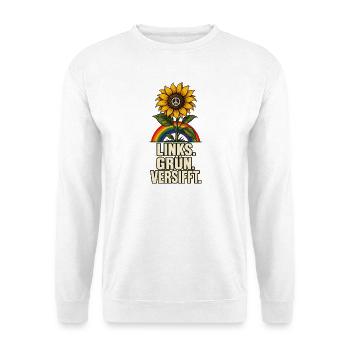 Links Grün Versifft – Sonnenblume und Peace - Unisex Pullover - Weiß - Vorne - Alina (178cm) & Michal (187cm)
