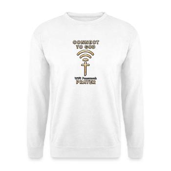 Connect to God – WLAN Gebet christlicher Spruch - Unisex Pullover - Weiß - Vorne - Alina (178cm) & Michal (187cm)