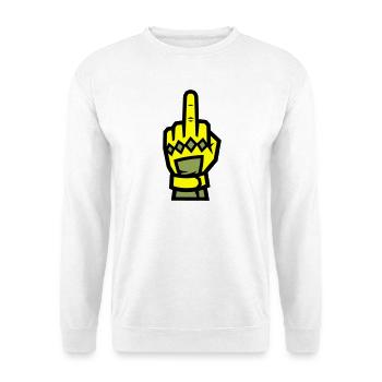 Mittelfinger Handschuh Gelb Symbol - Unisex Pullover - Weiß - Vorne - Alina (178cm) & Michal (187cm)