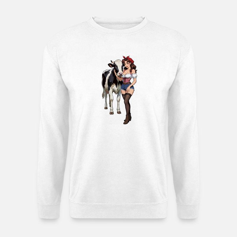 Pinup-Bauernfrau mit Kuh - Unisex Pullover - Weiß