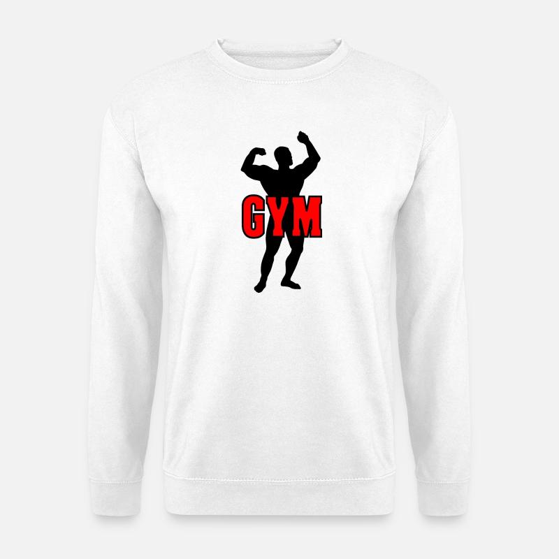 Bodybuilder-Schattenbild mit rotem Text "GYM - Unisex Pullover - Weiß