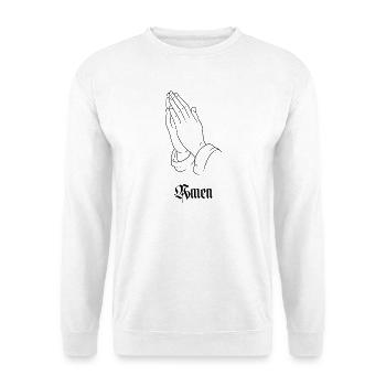 Amen – Betende Hände | Christliches Glaubensmotiv - Unisex Pullover - Weiß - Vorne - Alina (178cm) & Michal (187cm)
