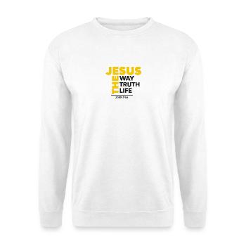 Jesus Way, Wahrheit, Leben Typografie - Unisex Pullover - Weiß - Vorne - Alina (178cm) & Michal (187cm)