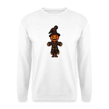 Pixel Halloween Kürbismann - Unisex Pullover - Weiß - Vorne - Alina (178cm) & Michal (187cm)
