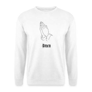 Amen – Betende Hände | Christliches Glaubensmotiv - Unisex Pullover - Weiß - Vorne - Alina (178cm) & Michal (187cm)
