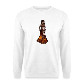 Bernsteinfarbenes Sonnenuntergangs-Bauchtanzkleid - Unisex Pullover - Weiß - Vorne - Alina (178cm) & Michal (187cm)