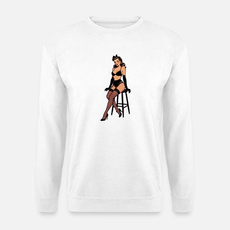 Pin-up-Frau in schwarzer Dessous - Unisex Pullover - Weiß