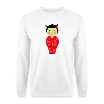 Kleine Kawaii japanische Kokeshi-Puppe - Unisex Pullover - Weiß - Vorne - Alina (178cm) & Michal (187cm)