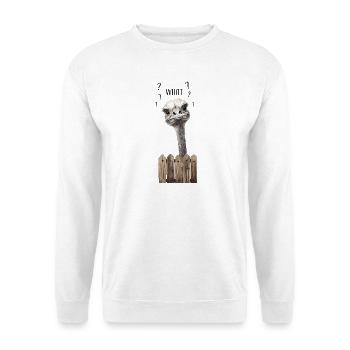 WHAT? – Lustiger verwirrter Vogelstrauß - Unisex Pullover - Weiß - Vorne - Alina (178cm) & Michal (187cm)