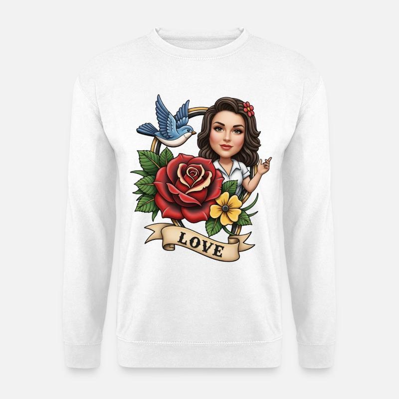 Romantisches Blumenporträt mit Vogel - Unisex Pullover - Weiß