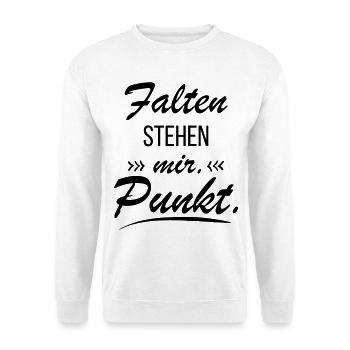 Falten stehen mir - Frecher Spruch - Unisex Pullover - Weiß - Vorne - Alina (178cm) & Michal (187cm)