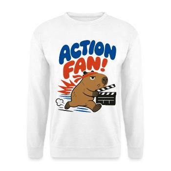 Action Fan – Capybara mit Filmklappe - Unisex Pullover - Weiß - Vorne - Alina (178cm) & Michal (187cm)