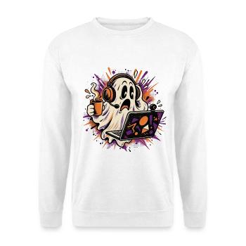 Retro HomeOffice Ghost. Halloween Coffee Shirt - Unisex Pullover - Weiß - Vorne - Alina (178cm) & Michal (187cm)