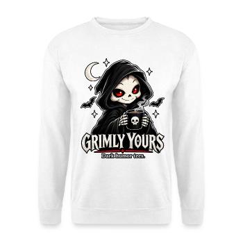 Grimly Yours – Süßer Sensenmann mit Kaffee - Unisex Pullover - Weiß - Vorne - Alina (178cm) & Michal (187cm)