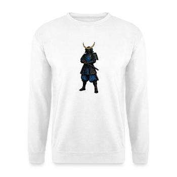 Samurai mit blauer Rüstung und Mondhelm - Unisex Pullover - Weiß - Vorne - Alina (178cm) & Michal (187cm)