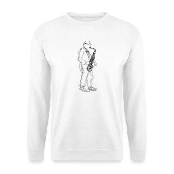 Saxophonspieler Line Art - Unisex Pullover - Weiß - Vorne - Alina (178cm) & Michal (187cm)